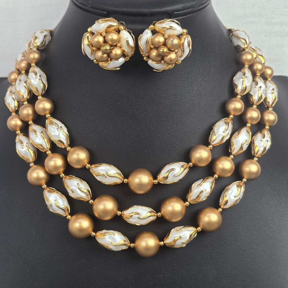 Vintage Deaville Gold Tone White 3 Strand Graduated Necklace & Clip On Earrings